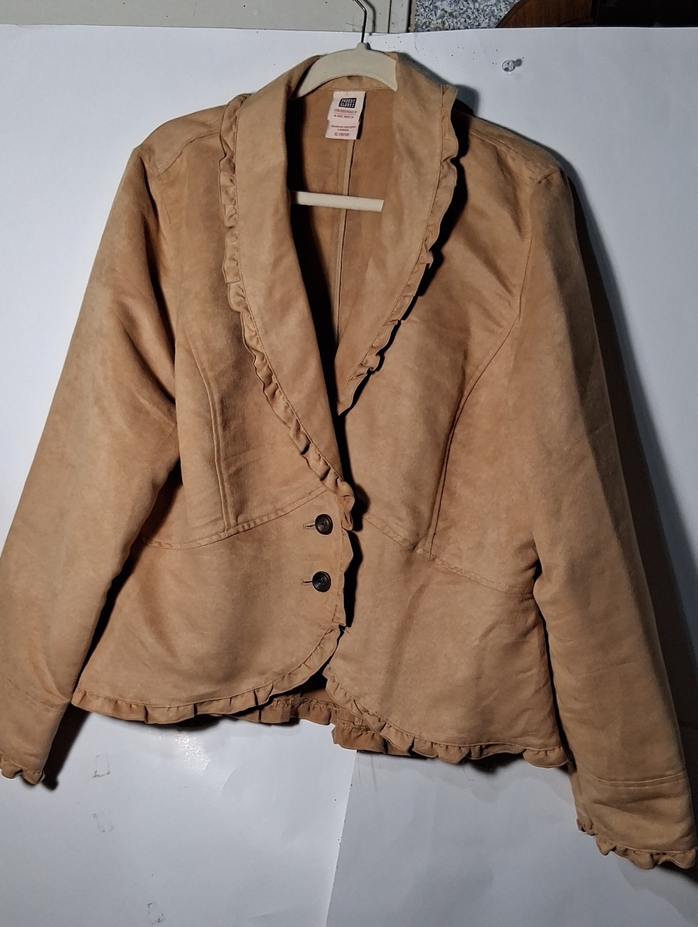 Faded Glory Ruffle Trim Suede-Look Jacket in Tan